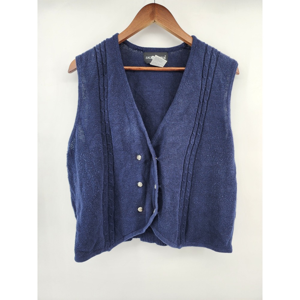 Sag Harbor Womens XL Navy Blue Ramie Cotton Knit Double Breasted Vest 8676 - Picture 1 of 7